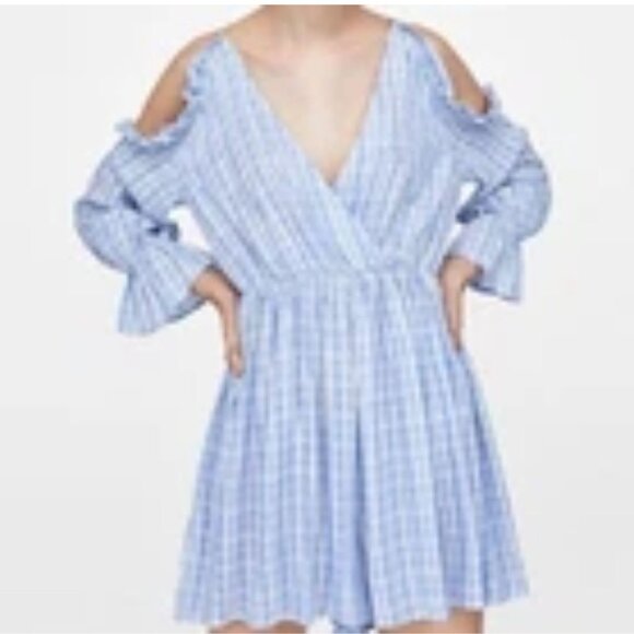 ZARA Basic Blue Wrap Cold Shoulder Wide Leg Romper Size M - Picture 1 of 8